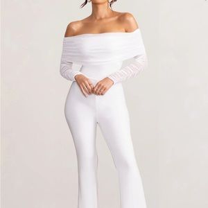 CLUB L LONDON WHISPER WHITE RUCHED MESH BARDOT JUMPSUIT